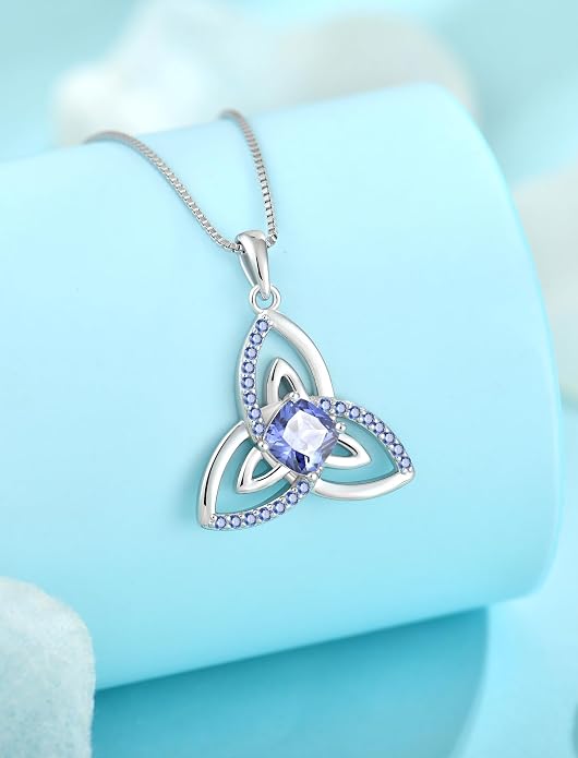 Celtic Birthstone Necklace for Women 925 Sterling Silver Trinity Knot Triquetra Crystal Pendant