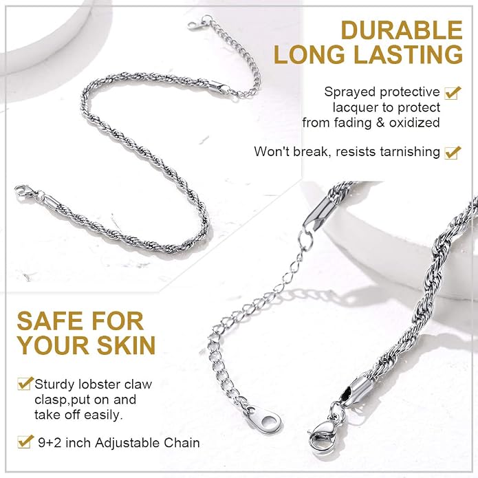 GoldChic Adjustbale Link Chain Anklet for Women Summer Jewelry, 316L Stainless Steel Figaro/Wheat/Twist Rope/Cuban Foot Bracelet-Waterproof, Resizable 9"-12" (Gift Box Included)