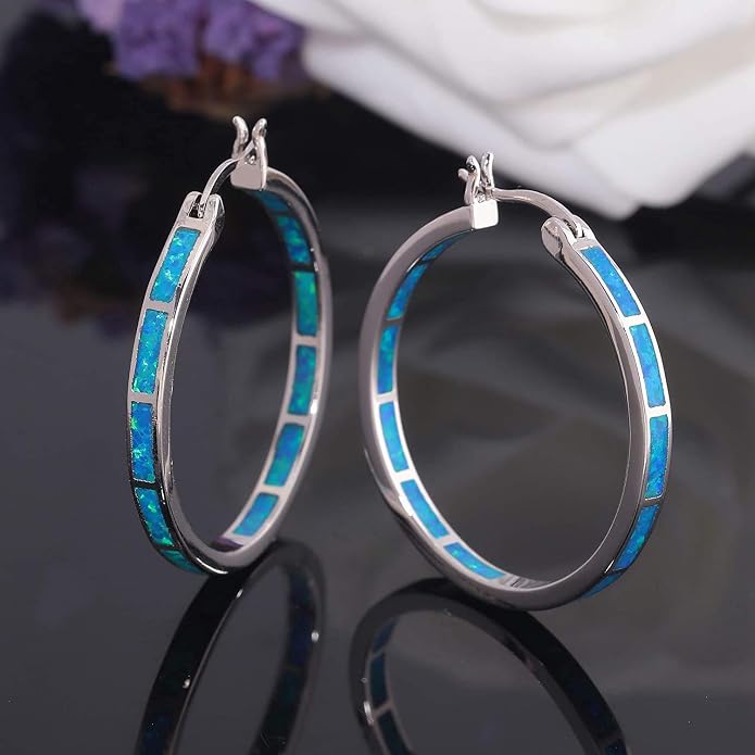 CiNily Opal Hoop Earrings,Women Jewelry Rhodium Plated/Rose Gold or Yellow Gold Plated Gemstone Big Hoop Earrings 32mm