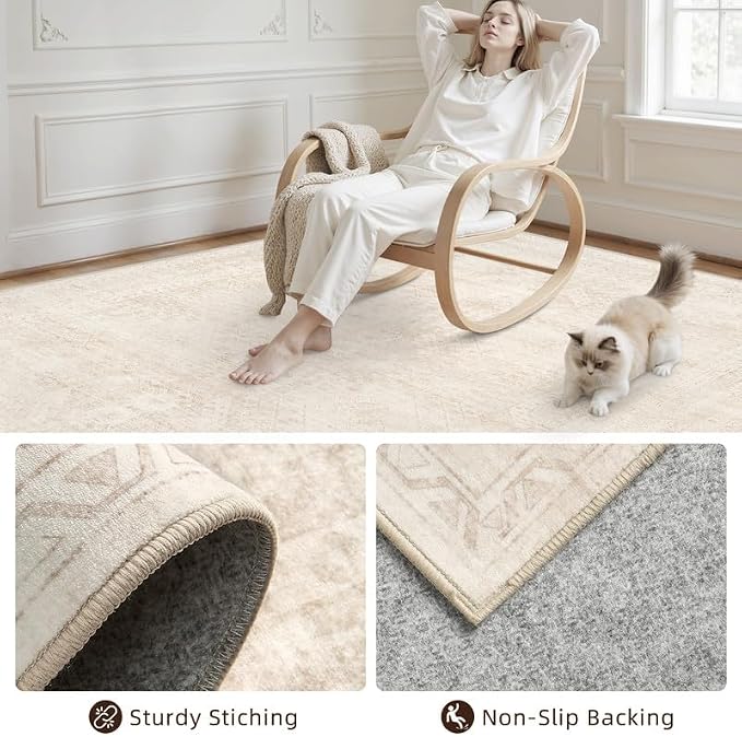 Machine Washable Area Rugs 2x3: Vintage Boho Neutral Washable Rug Indoor Soft Small Entryway Throw Carpet for Living Room Bedroom Kitchen Laundry Floor Non-Slip Low Pile Entrance Rug Beige