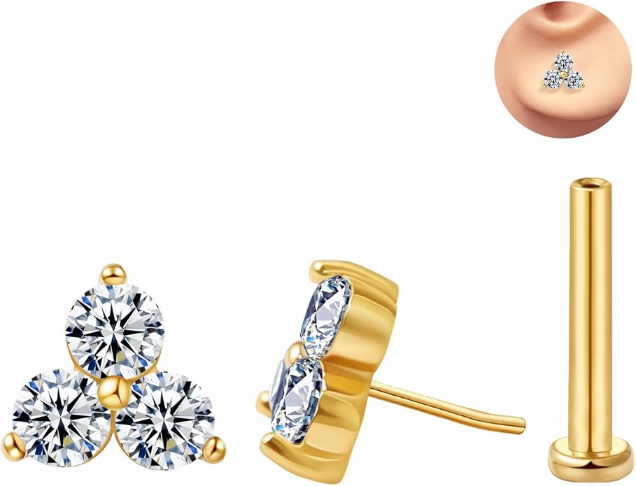 FANSING Cartilage Earring Tragus Stud Trio CZ Stone Flat Back Earring for Helix Conch Threadless Push Pin Labret Stud