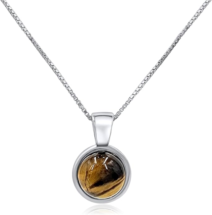 Natural gemstone 8mm round pendant with white gold over 925 sterling silver bezel cabochon plate and box chain, real genuine dainty birthstone gift for her, uniquelan jewelry