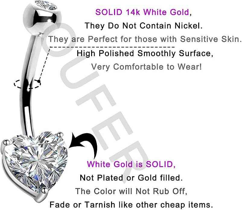 OUFER Belly Navel Rings - 14K Solid White Gold Heart Solitaire Cubic Zirconia Belly Button Rings