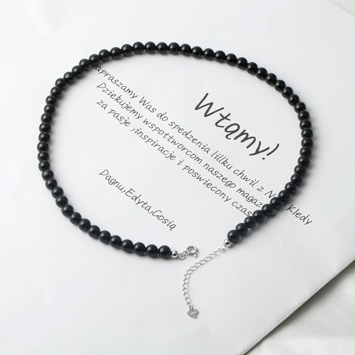 Kakikaki Natural Agate Choker Necklace Sterling Silver Round Beads Strand Necklace for Women
