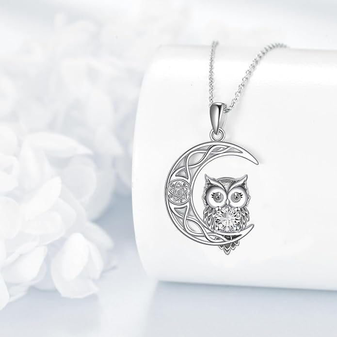 Owl Birthstone Necklace Sterling Silver Celtic Moon Pendant Cubic Zirconia Owls Jewelry Birthday Gifts for Women Men
