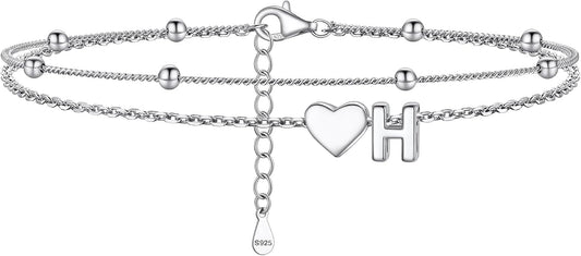 PROSILVER Ankle Bracelets for Women S925 Sterling Silver Anklets for Women Waterproof, Dainty Layered Heart Anklet, Beach Initial Anklet for Summer, Letter A-Z