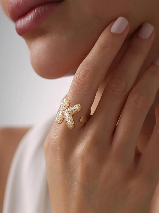 KeyStyle Bold Initial Letter Rings Adjustable, GoldChic Jewelry Women Gold Statement Ring Personalized Engraved Women’s Open Signet Ring for Party (Gold, White Gold, Black)