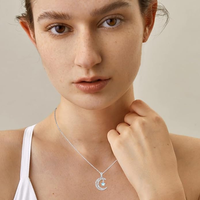 TRISHULA Moon Star Necklace, 925 Sterling Silver Crescent Moon Sun Pendant with Moonstone Crescent Jewelry Gift for Her Sister Birthday Christmas