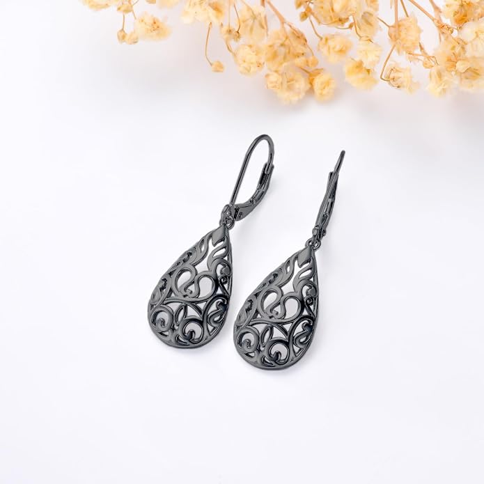 VONALA Filigree Teardrop Earrings for Women Sterling Silver Filigree Teardrop Dangle Earrings Filigree Leverback Earrings for Women Birthday Gift