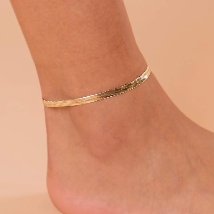 PAVOI 14K Gold Plated Chain Anklets for Women - Minimalist Link Chain Ankle Bracelet - Dainty Gold Anklets for Women - Trendy Summer Beach Jewelry Gifts - Snake, Figaro, Mariner, Paperclip, Beaded