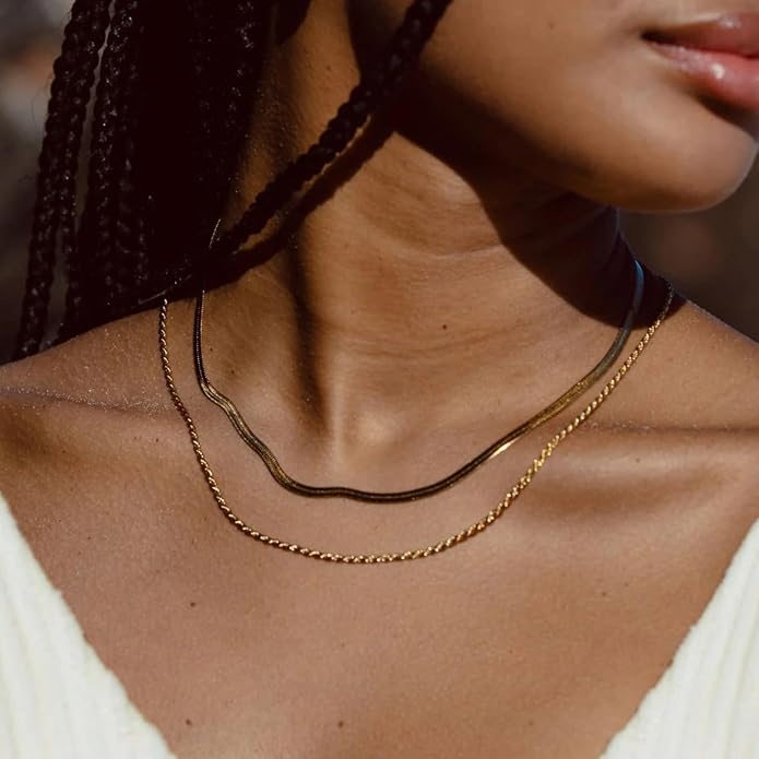 18K Gold Plated Herringbone Necklace Set for Women - Set of 2 (16"+18"),Layered Flat Snake Chain Choker-18K Gold & White Gold Tone -Tarnish Resistant Jewelry Gifts for Women/Girl