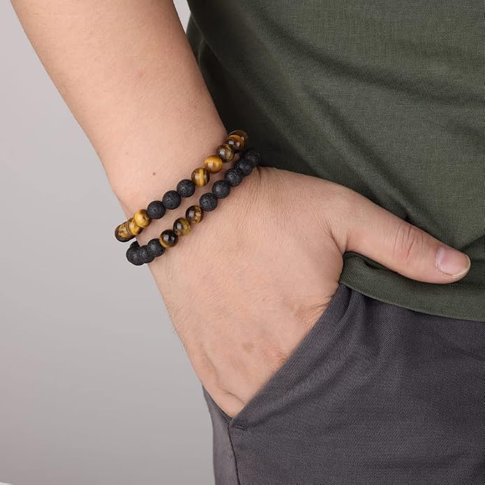 LONDON Mens Bracelet Leather Black Multi-Layer Stone Beads Adjustable Steel Clasp Viking Rope Bands Surfer Man Wristband Male UK Jewellery Gift box Boyfriend Dad Son Brother Tiger Eye