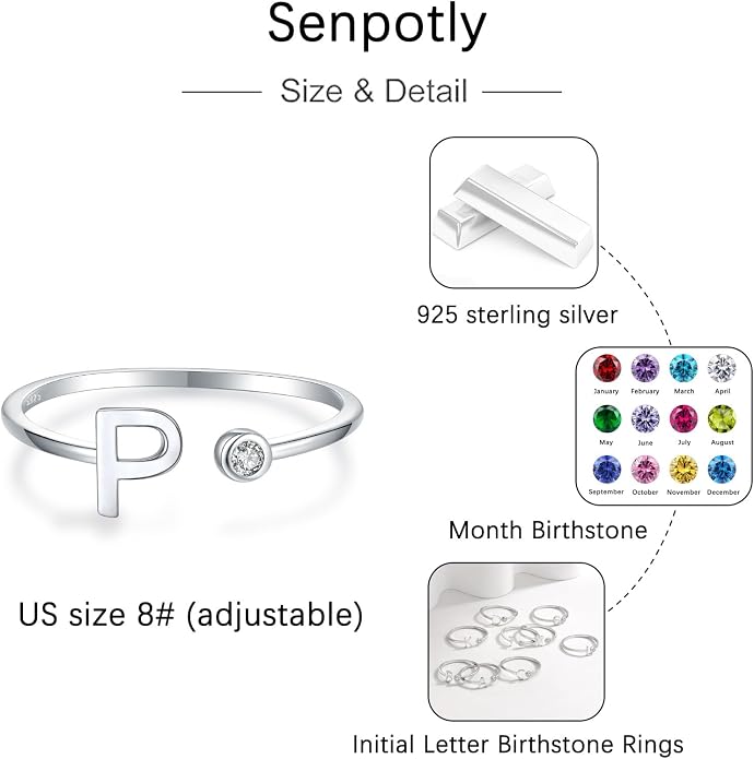 925 Sterling Silver Initial Letter Birthstone Rings for Women Adjustable 1-12 Month Birthstone Alphabet Stacking Ring for Teens Girls Stackable Birthstone Rings Birthday Jewelry Gift for Daughter Mom