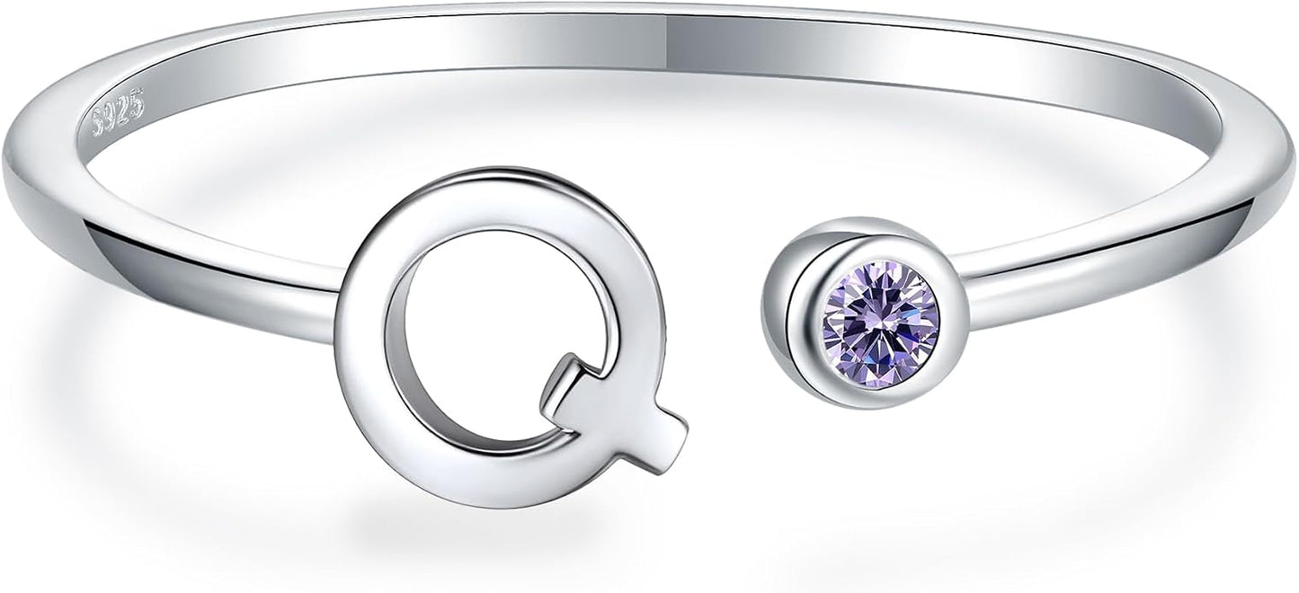 925 Sterling Silver Initial Letter Birthstone Rings for Women Adjustable 1-12 Month Birthstone Alphabet Stacking Ring for Teens Girls Stackable Birthstone Rings Birthday Jewelry Gift for Daughter Mom