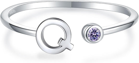925 Sterling Silver Initial Letter Birthstone Rings for Women Adjustable 1-12 Month Birthstone Alphabet Stacking Ring for Teens Girls Stackable Birthstone Rings Birthday Jewelry Gift for Daughter Mom