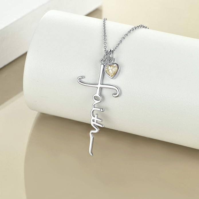 Faith Cross Necklace For Women Birthstone Sterling Silver with Simulated Birthstone Cross Jewelry Christian Gifts