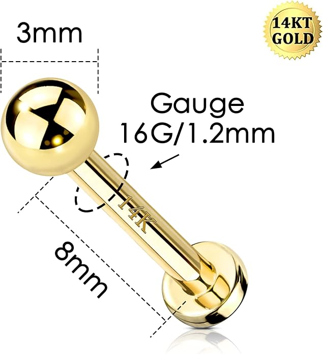 COCHARM 14k Solid Gold 16g Labret Studs Real Yellow Gold Medusa Monroe Madonna Stud Lip Piercing Helix Cartilage Conch Earring Stud