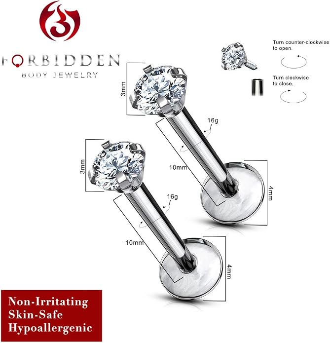 16 g Titanium Internally Threaded Tragus Piercing Jewelry CZ Top Flat Back Piercing Nose Studs Earring, Helix, Cartilage, Labret, Monroe for Women or Men