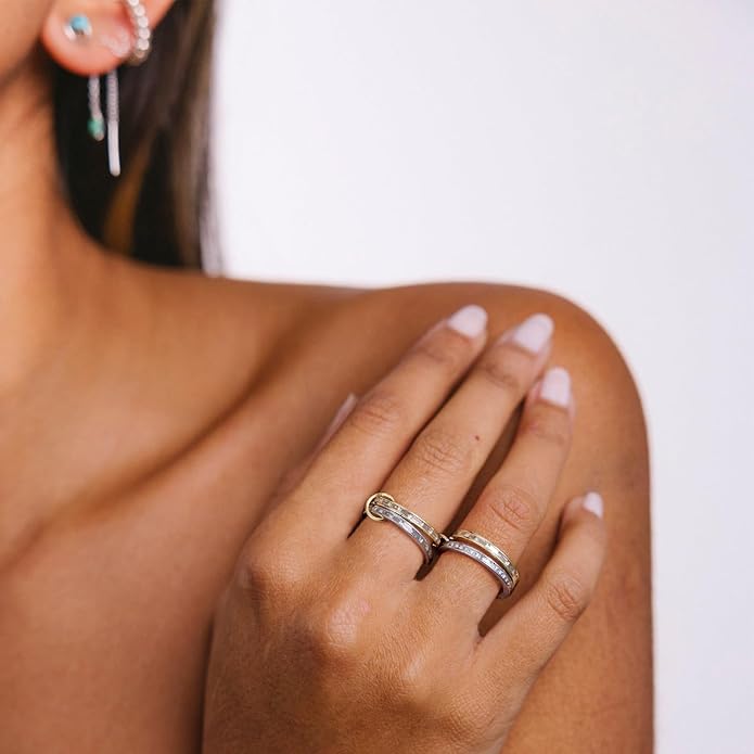 KissYan Stackable Rings for Women, 14k Gold Plate Interlocked Multi Ring Set Dainty Pave CZ Personalized Fashion Two-Toned Mixed Metals Stacking Jewelry Trendy Statement Gift