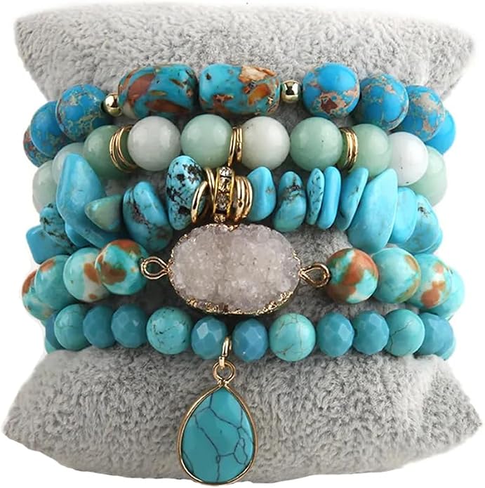 Yomisa 5PCS 6PCS Natural Boho Beaded Bracelets/Bangle for Women Men,Healing Turquoise Jasper Agate Crystal Gemstone Stone Chakra Multilayer Wrap Bohemian Handmade Jewelry Beads Stretch Bracelet Set