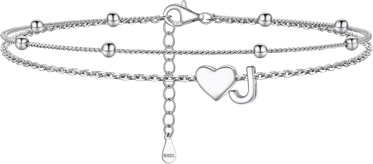 PROSILVER Ankle Bracelets for Women S925 Sterling Silver Anklets for Women Waterproof, Dainty Layered Heart Anklet, Beach Initial Anklet for Summer, Letter A-Z