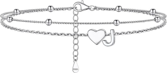 PROSILVER Ankle Bracelets for Women S925 Sterling Silver Anklets for Women Waterproof, Dainty Layered Heart Anklet, Beach Initial Anklet for Summer, Letter A-Z