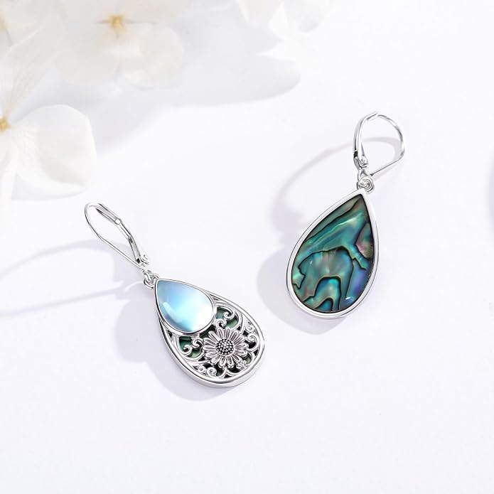 Dragonfly Filigree Earrings 925 Sterling Silver Teardrop Moonstone Abalone Shell Dangle Drop Earrings Filigree Jewelry Gifts for Women