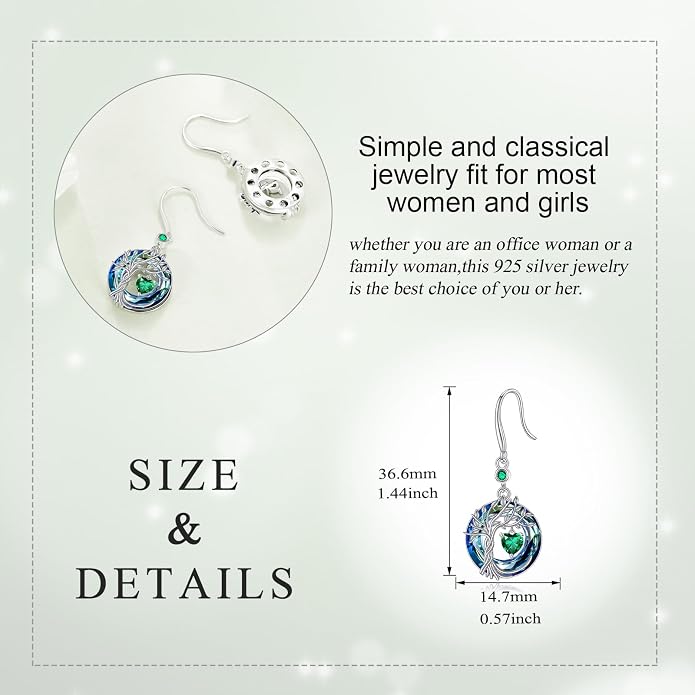 POPLYKE Tree of Life Birthstone Earrings 925 Sterling Silver Dainty Gemstone Birthstone Dangle Drop Earring with Crystal Fine Jewelry Birthday Gifts for Women Her