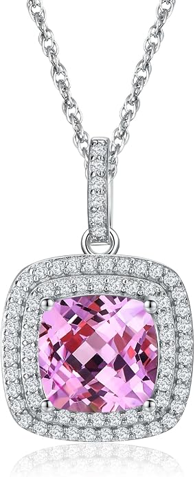 Birthstone Necklace for Women 925 Sterling Silver Cushion/Pear Cut Created Gemstone Halo Pendant Necklace Birthstone Jewelry
