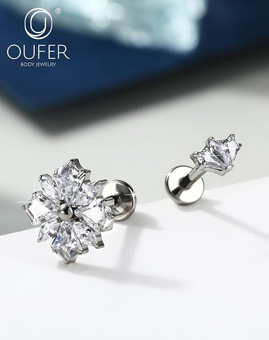OUFER Body Piercing Titanium Cartilage Earrings 16G Flower Helix Earrings for Women Internally Thread Tragus Piercing Jewelry 8MM Conch Helix Tragus Stud Flat Back Cartilage Piercings for Women