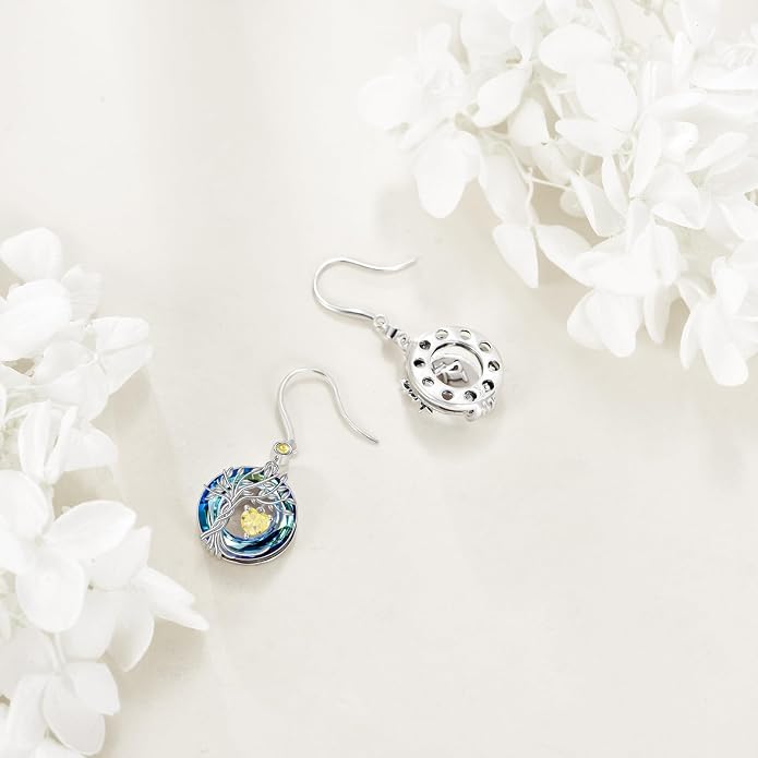 POPLYKE Tree of Life Birthstone Earrings 925 Sterling Silver Dainty Gemstone Birthstone Dangle Drop Earring with Crystal Fine Jewelry Birthday Gifts for Women Her