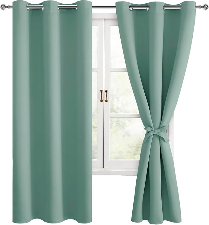 Hiasan Blackout Curtains for Bedroom, 42 x 63 Inches Length - Thermal Insulated & Noise reducing Window Curtains for Living Room, 2 Drape Panels Sewn with Tiebacks, Sage Green