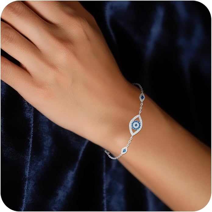 Blue Evil Eyes Link Bracelet, Evil Eye Earrings, S925 Sterling Silver Dainty Cubic Zirconia Adjustable Link Lobster Claw Clasp Chain Jewelry