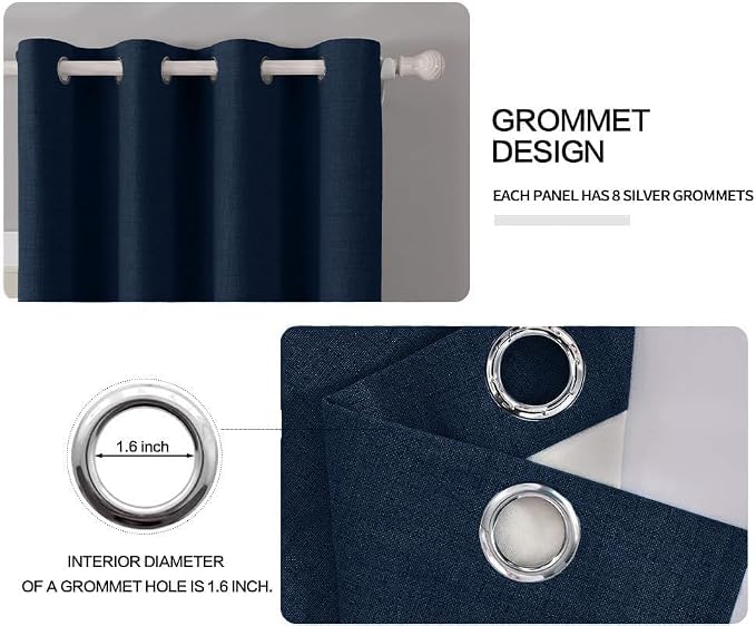 MIULEE Linen Textured Curtains Solid 100% Blackout for Bedroom Thermal Insulated Midnight Blue Grommet Room Darkening Curtains & Drapes Luxury Decor for Living Room 52 x 72 Inch (2 Panels)