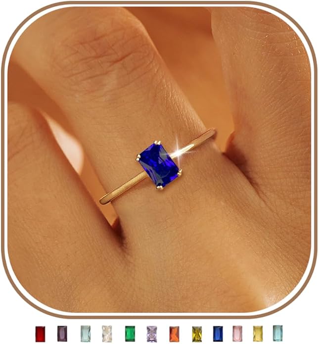 KAERUN Gold Birthstone Rings for Women Non Tarnish 14K Gold Plated Stackable CZ Thumb Eternity Rings Dainty Emerald Green Gemstone Engagement Ring for Mother Lover Birthday Jewelry Gifts Size 6-10