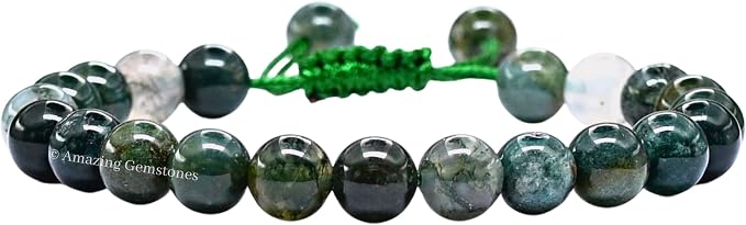 Amazing Gemstone Moss Agate Bracelet for Women Men's Gifts - Protection Healing Crystal Bracelet - 8mm Gemstones Beaded Adjustable Bracelet Pulseras para Hombres Mujer Stocking Stuffers