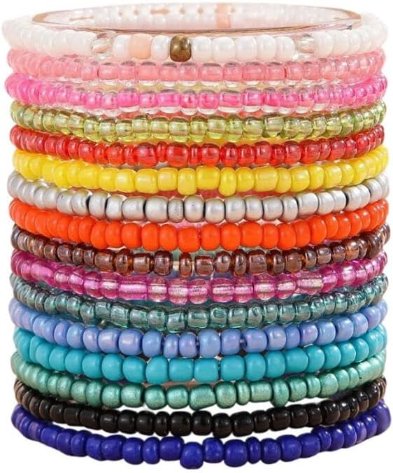 Boho Stackable Seed Beaded Bracelets for Women 18-20Pcs Colorful Handmade Multilayered Rice Bead Bracelet Set Summer Beach Bohemian Jewelry Gift
