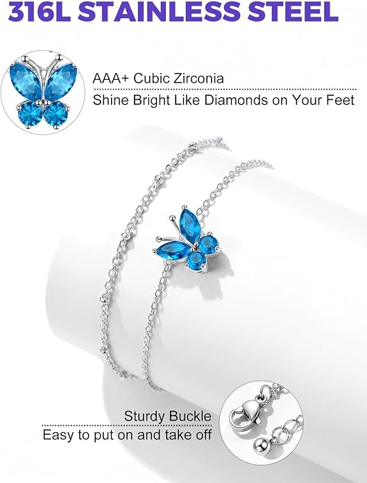 Richsteel Double Layer Heart/Butterfly Birthstone Anklet for Women Non Tarnish Waterproof, Silver/Gold/Black Stainless Steel 8.5-10.5 Inch Adjustable Chain Anklets Jewelry Gifts for Her