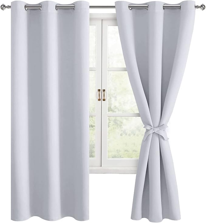 Hiasan Room Darkening Window Curtains for Bedroom, Thermal Insulated, Energy Saving Blackout Curtains, Set of 2 Panels, Sewn with Tiebacks, Grommet Top (Greyish White, Width 42 Inch x Length 63 Inch)