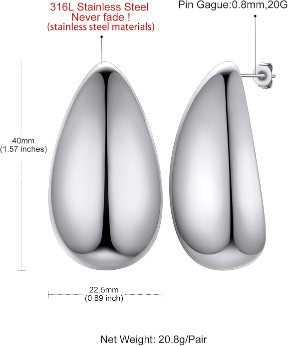 KeyStyle Chunky Gold Hoop Earrings for Women Trendy, Stainless Steel TearDrop Hoops Earring, Lightweight Water Drop Ear Jewerly