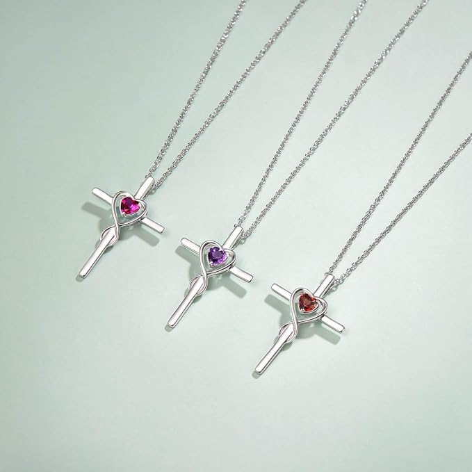 FANCIME Birthstone Cross Necklace for Women Birthstone Necklace Heart Infinity Cross Pendant Necklace Fine Jewelry Christmas Birthday Holiday Gifts for Her, 16"+2" Inches