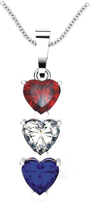 Silver Smile Sterling Silver 3 Birthstone Pendant for Women – Lab-Grown Ruby, White & Blue Gemstones – Hypoallergenic & Tarnish Resistant – 925 Rhodium-Plated Pendant – Elegant Patriotic Gift for Her