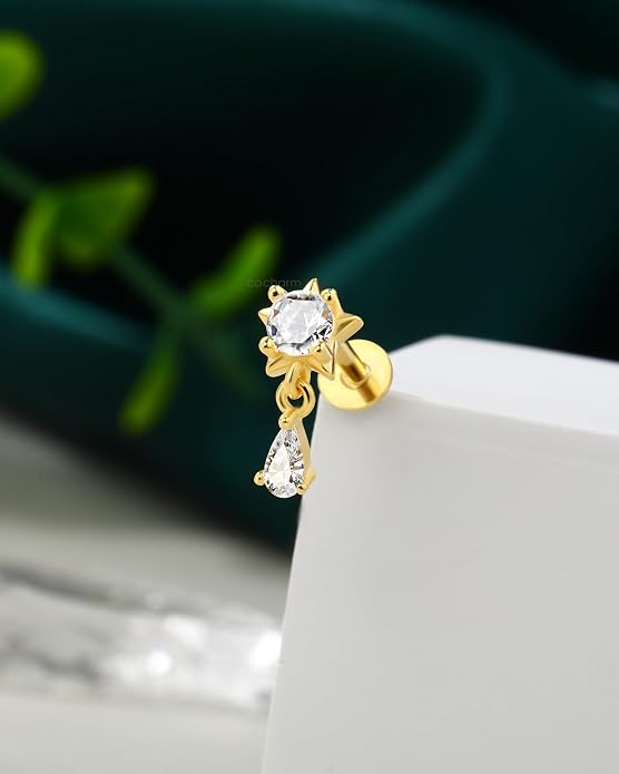 COCHARM 14K Gold Plated Cartilage Earrings Stud 16G Dangle Star 925 Sterling Silver Helix Tragus Earrings Surgical Steel Flat Back Earrings Dangly