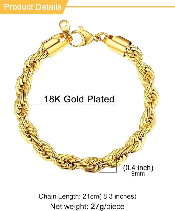 U7 Link Bracelets for Men, Cuban Link/Rope/Watch Band Solid Bracelet, Silver Black Gold Color Wrist Bracelet 3/6/9/12/15mm Width, 6.5/7.5/8.3 Inch Length, Hand Chain Jewelry for Mens Women