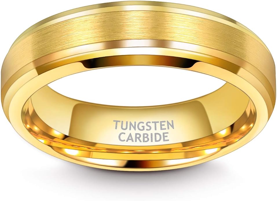 TRUMIUM 6mm 8mm Mens Womens 24K Gold Plated Tungsten Wedding Ring Band Brush Finish Scratch Resistant Size 5-14