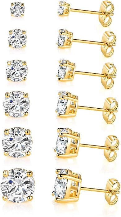 6 Pairs 14K Yellow Gold Plated Round Cut Clear Cubic Zirconia Stud Earring Pack