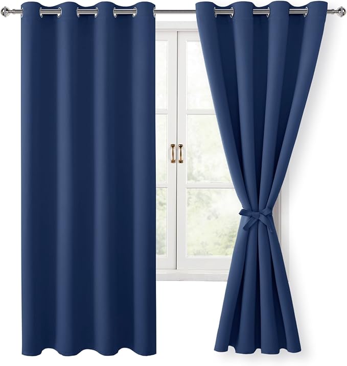 Hiasan Blackout Curtains for Bedroom, 52 x 63 Inches Length - Thermal Insulated & Energy Saving Window Curtains for Living Room, 2 Drape Panels Sewn with Tiebacks, Navy