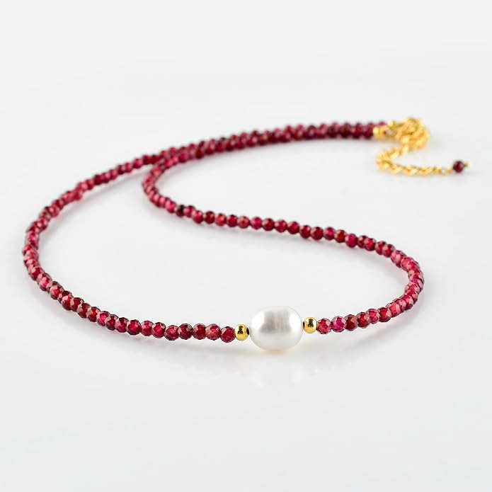 InfinityGemsArt Gemstone Gold Necklace For Women, Birthstone Natural Crystal Stone With Freshwater Pearl Beaded Jewelry, Gold Plated 18 Inch Chain