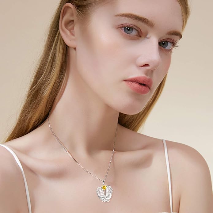 YFN Angel Wings Necklace 925 Sterling Silver Guardian Angel Wings Pendant Necklace Birthstone Necklace for Women Girls Christmas Jewelry Gifts