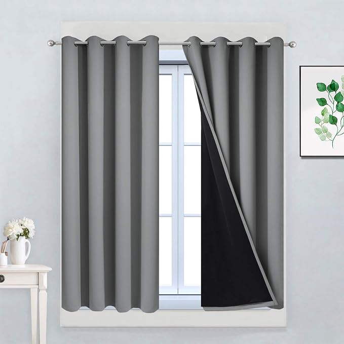 Yakamok Grey Blackout Curtains 45 Inches Long for Bedroom 52" Wide 2 Pcs | Blackout Curtain Panels for Bedroom, 2 Thick Layers Grommet Top Thermal Insulated Drapes with Black Liner for Living Room